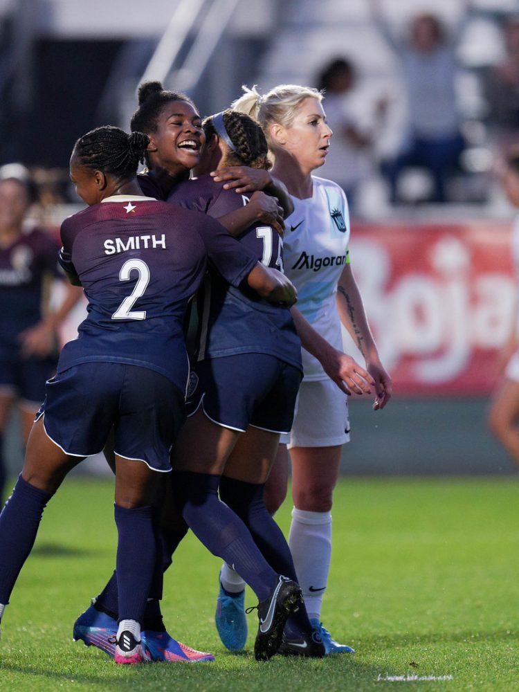 NC Courage midfielder Brianna Pinto (5) celebrates her goal during a match between the NC Courage and NJ/NY Gotham FC in the 2022 NWSL Challenge Cup at Sahlen's Stadium at WakeMed Soccer Park in Cary, NC - Saturday, March 19, 2022. Photo by Lewis Gettier